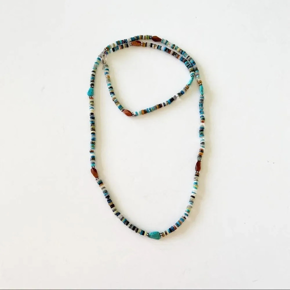 Turquoise Mixed Stone Long Necklace Tiger Eye Silver Clasp 22” - Picture 7 of 7